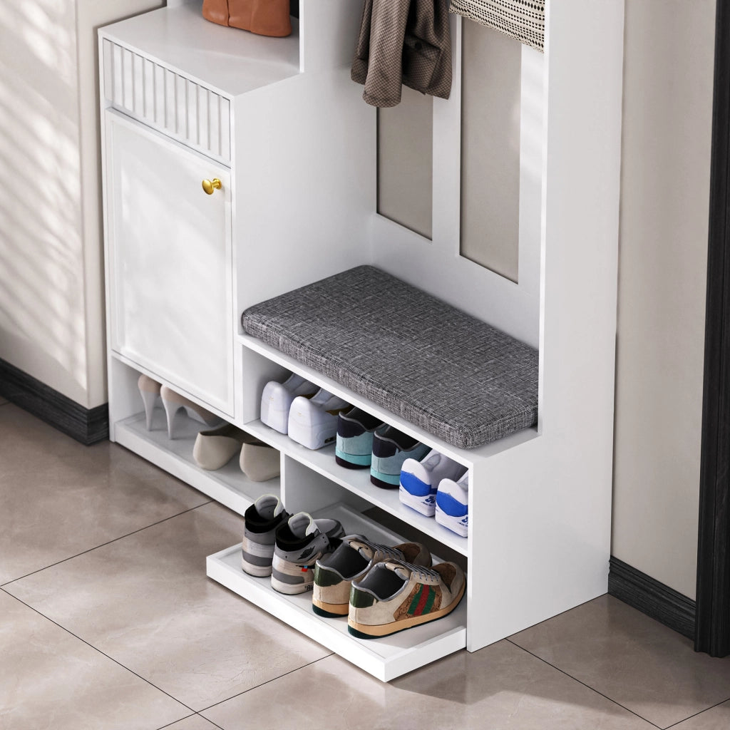 Mobile da ingresso con 1 Anta; 2 Cassetti; 4 Ganci e Panchina Imbottita per Ingresso in MDF 100×35×180 cm Bianco