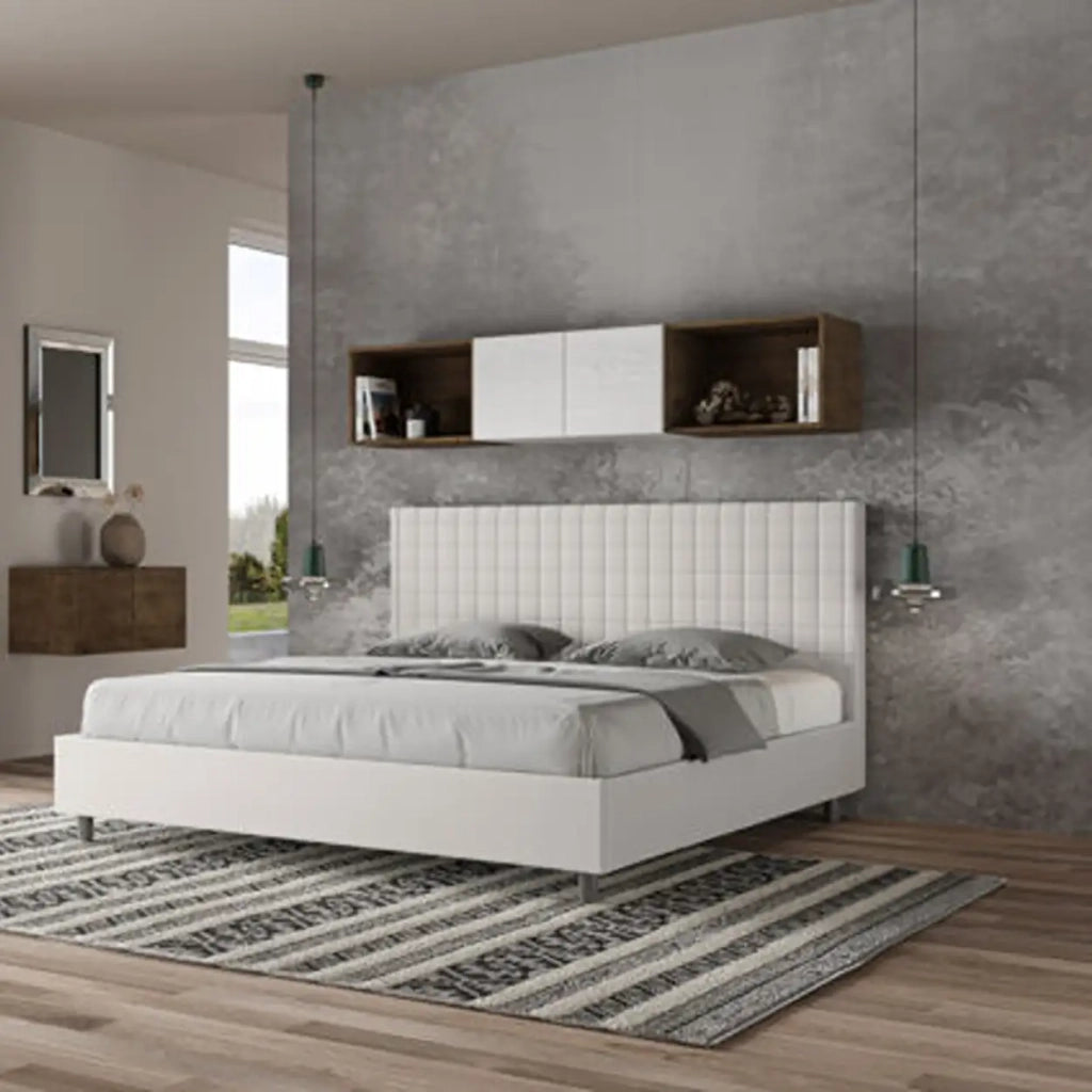 Letto matrimoniale king size con rete imbottito 200x200 similpelle bianco Sunny