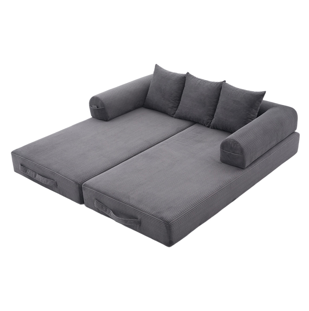 Divano modulare 200x94x67 cm con tasca laterale e 3 cuscini in corduroy grigio scuro