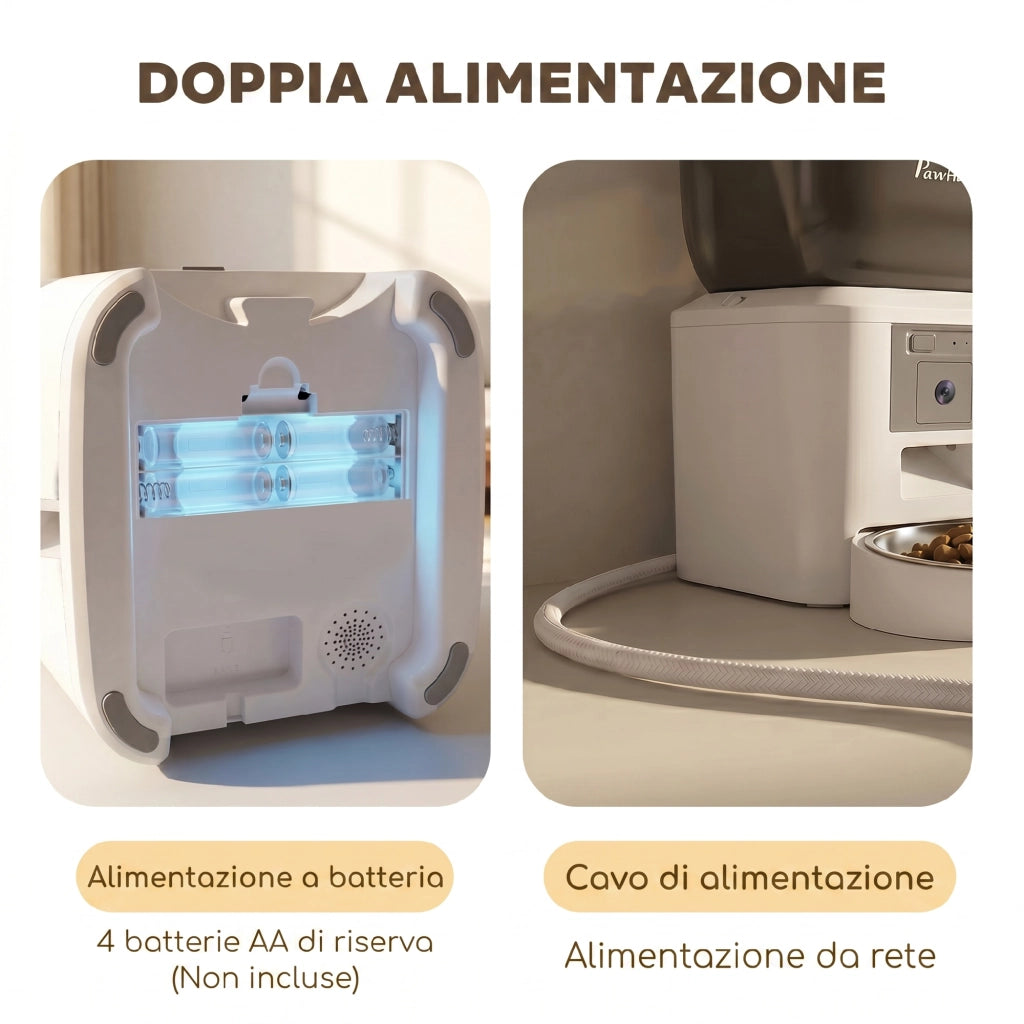 Distributore Automatico Cibo Gatti e Cani 4L WiFi 2.4G, App Controllo con Telecamera, Ciotola, Bianco