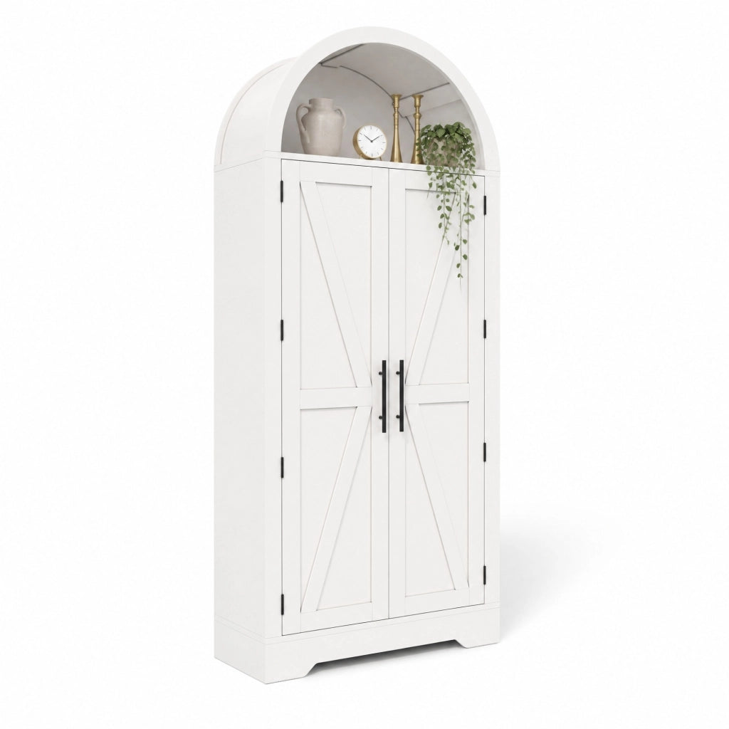 Credenza alta ad arco in MDF bianco, 75 x 35 x 170 cm, con ripiani regolabili e struttura salvaspazio