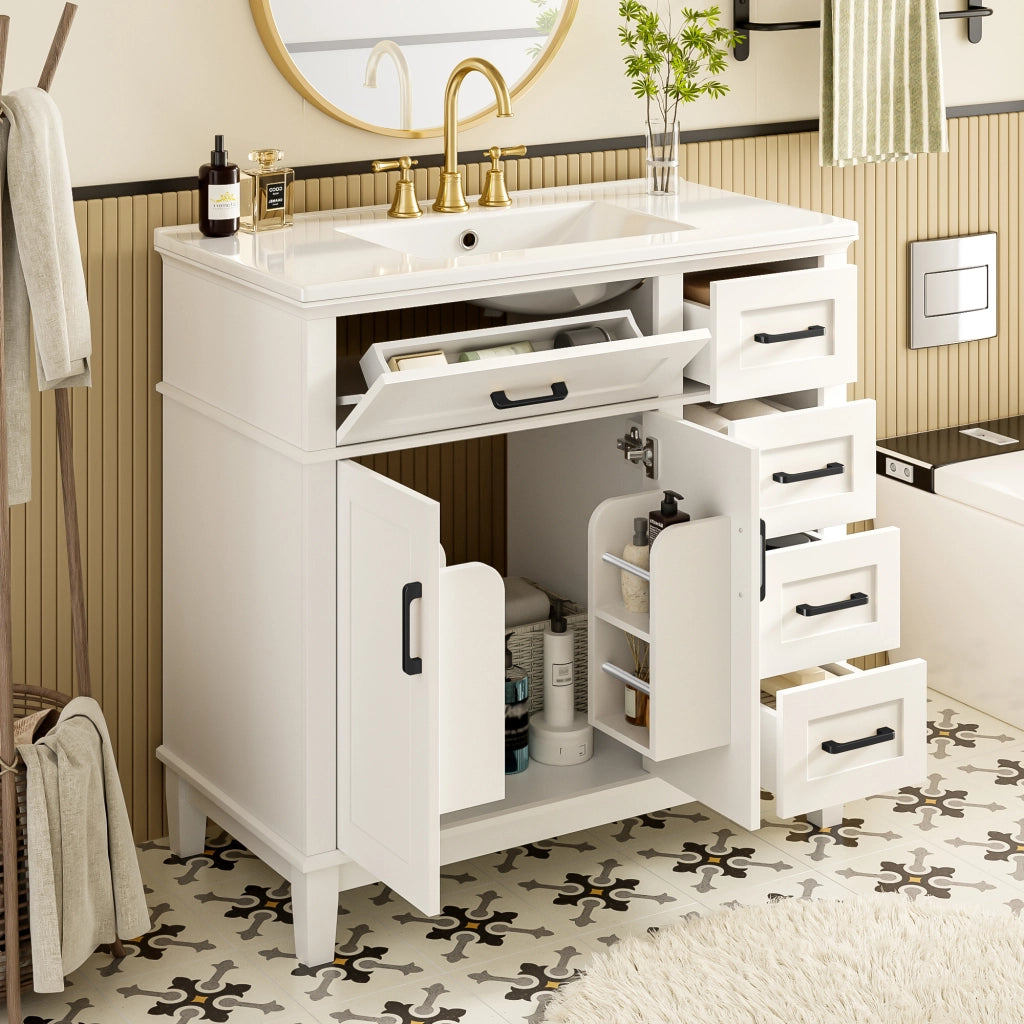 Mobile bagno freestanding 90¡Á46¡Á87 cm, lavabo in ceramica, 4 cassetti, vano ribaltabile, armadio 2 ante, bianco, maniglie nere.