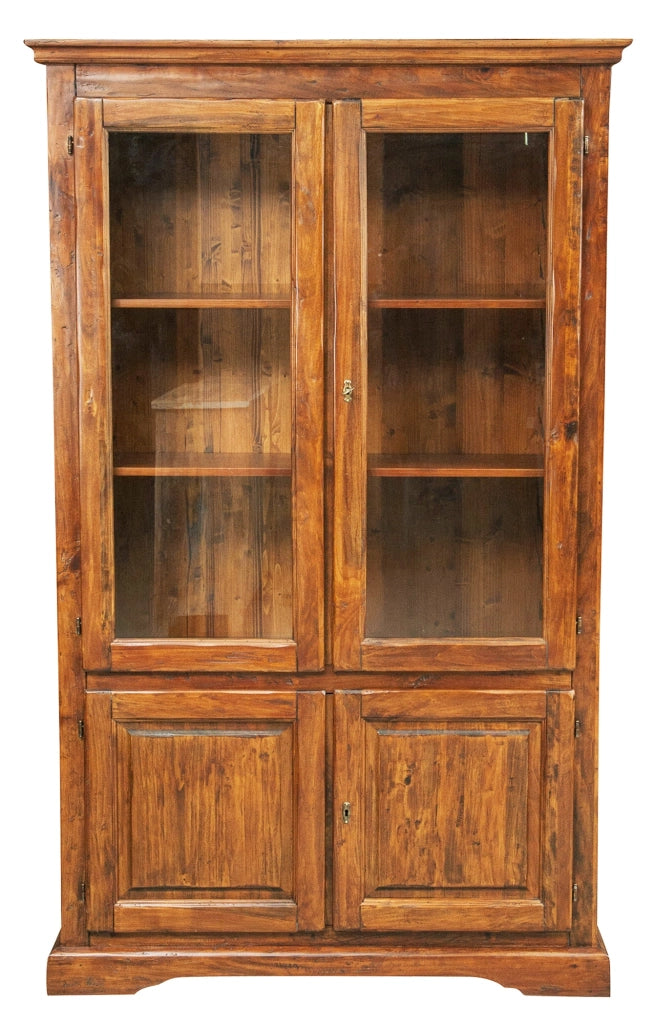 Biscottini Vetrina Country in legno massello di tiglio finitura noce L120xPR37xH197 cm. Made in Italy