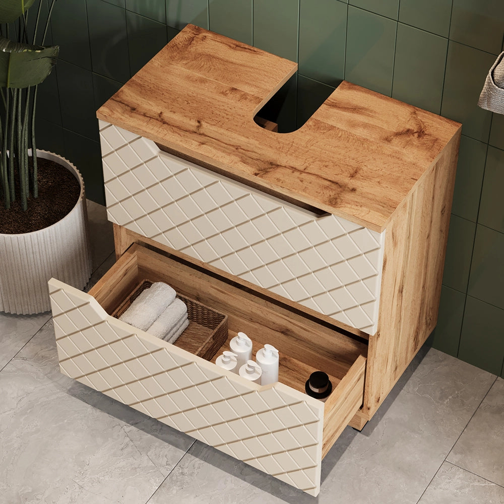 Vicco Mobile sottolavabo per bagno Rovere/cashmere con struttura in piastrelle 59.8 x 62.5 cm con 2 cassetti