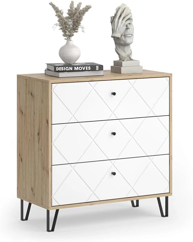 Cassettiera per camera da letto Nizza, Rovere artigianale, 80.2 x 82.6 cm con 3 cassetti, da utilizzare come superficie d'appoggio accanto al letto