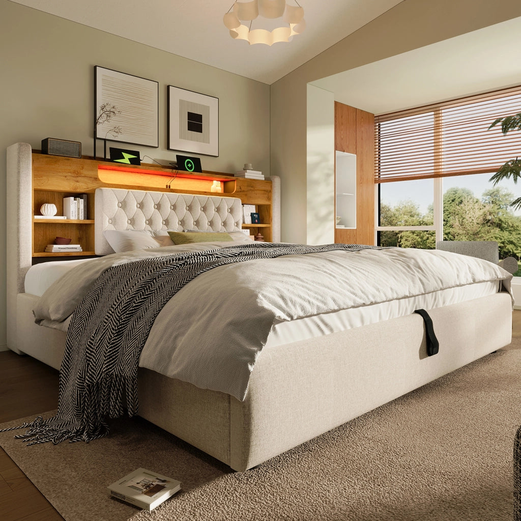 Letto Imbottito Contenitore 180x200 con LED e USB ¨C MINIMAL ¨C Beige, Tessuto Lino, Idraulico