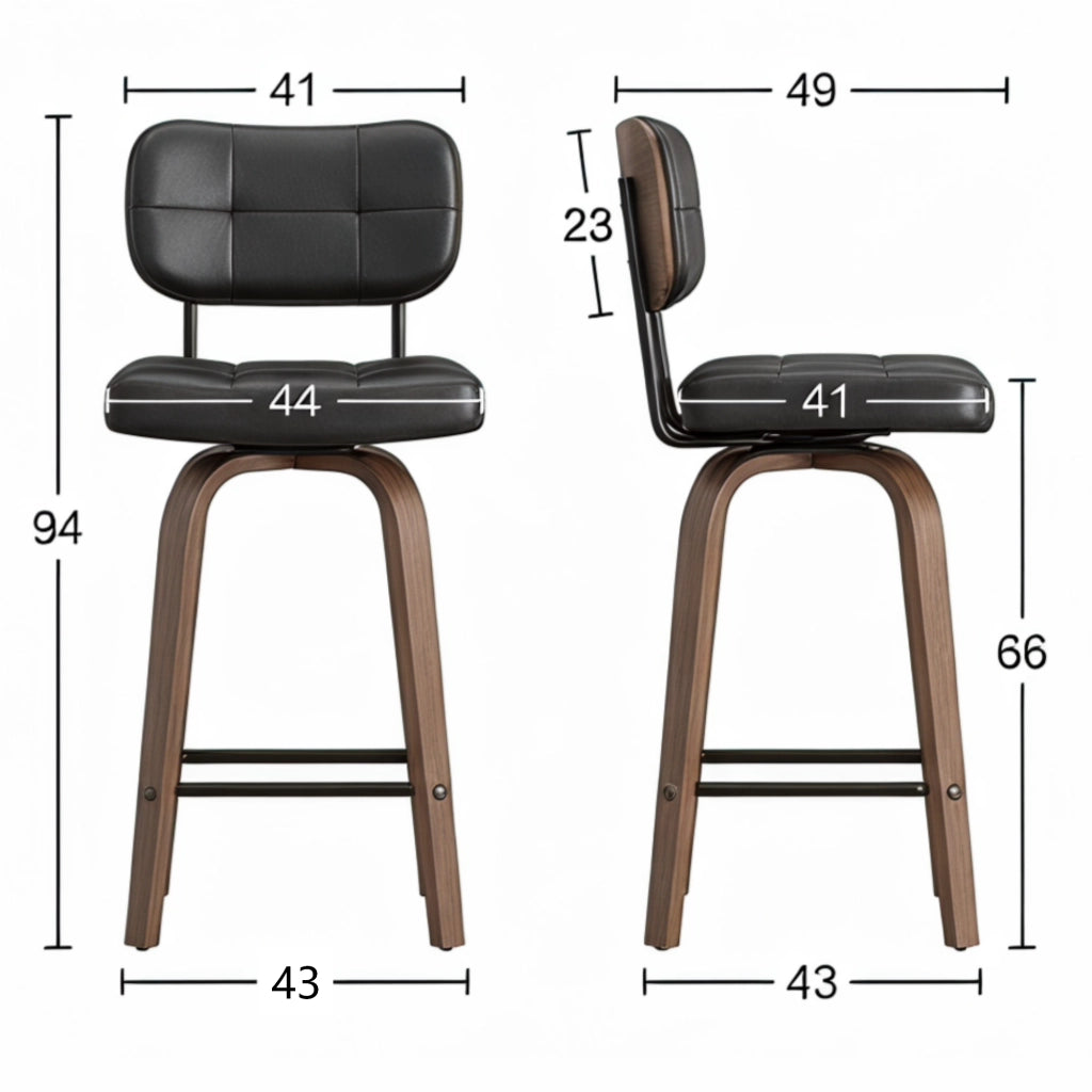 Sgabello da bar girevole con schienale ergonomico e design scandinavo, struttura stabile in pu e legno, nero e noce scuro