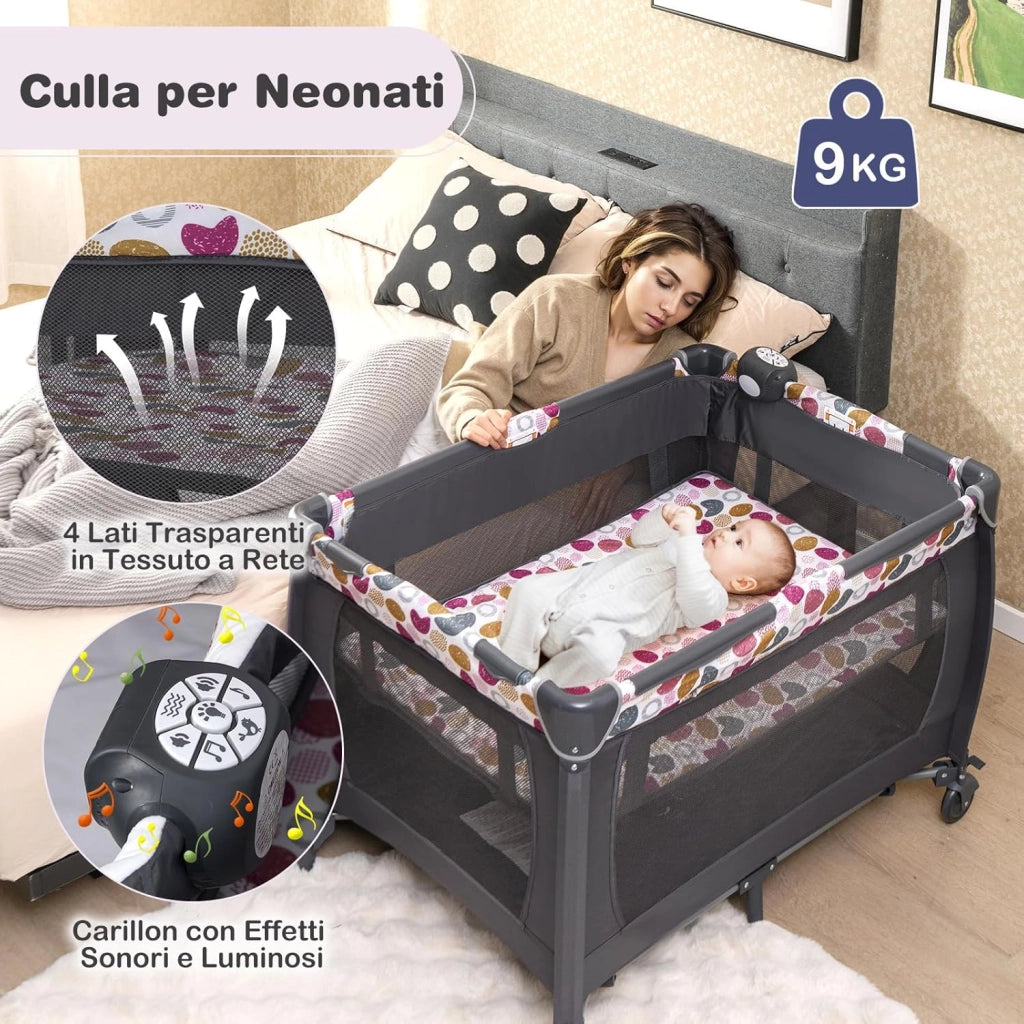 5 in 1 Culla Campeggio Bambini, Lettino Viaggio Neonati Pieghevole con Materasso, Fasciatoio, Box Portatile con Ruote, 2 Giocattoli e Carillon, per Bambini 0-3 Anni (Rosa Scuro)