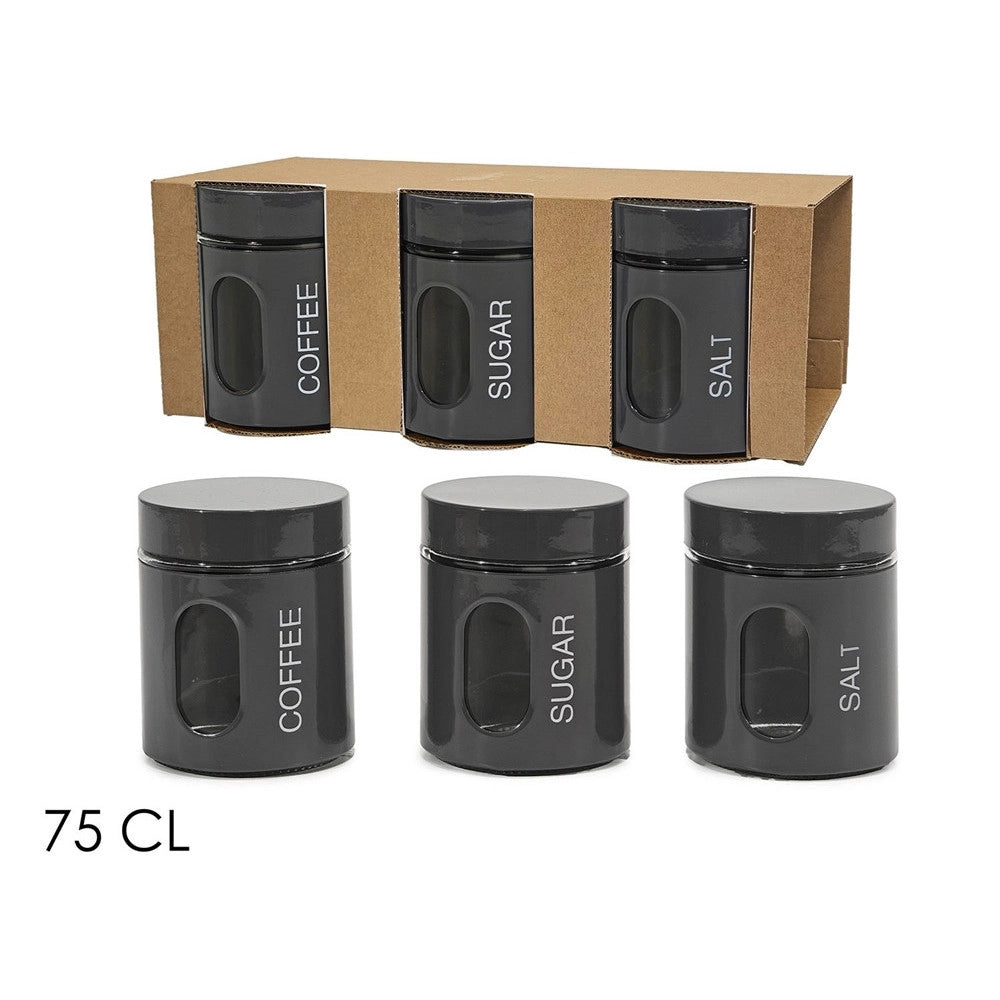 Trade Shop - Set 3 Barattoli Da Cucina In Vetro Acciaio Grigio Lucido Da 75cl Per Caffè Zucchero Sale -