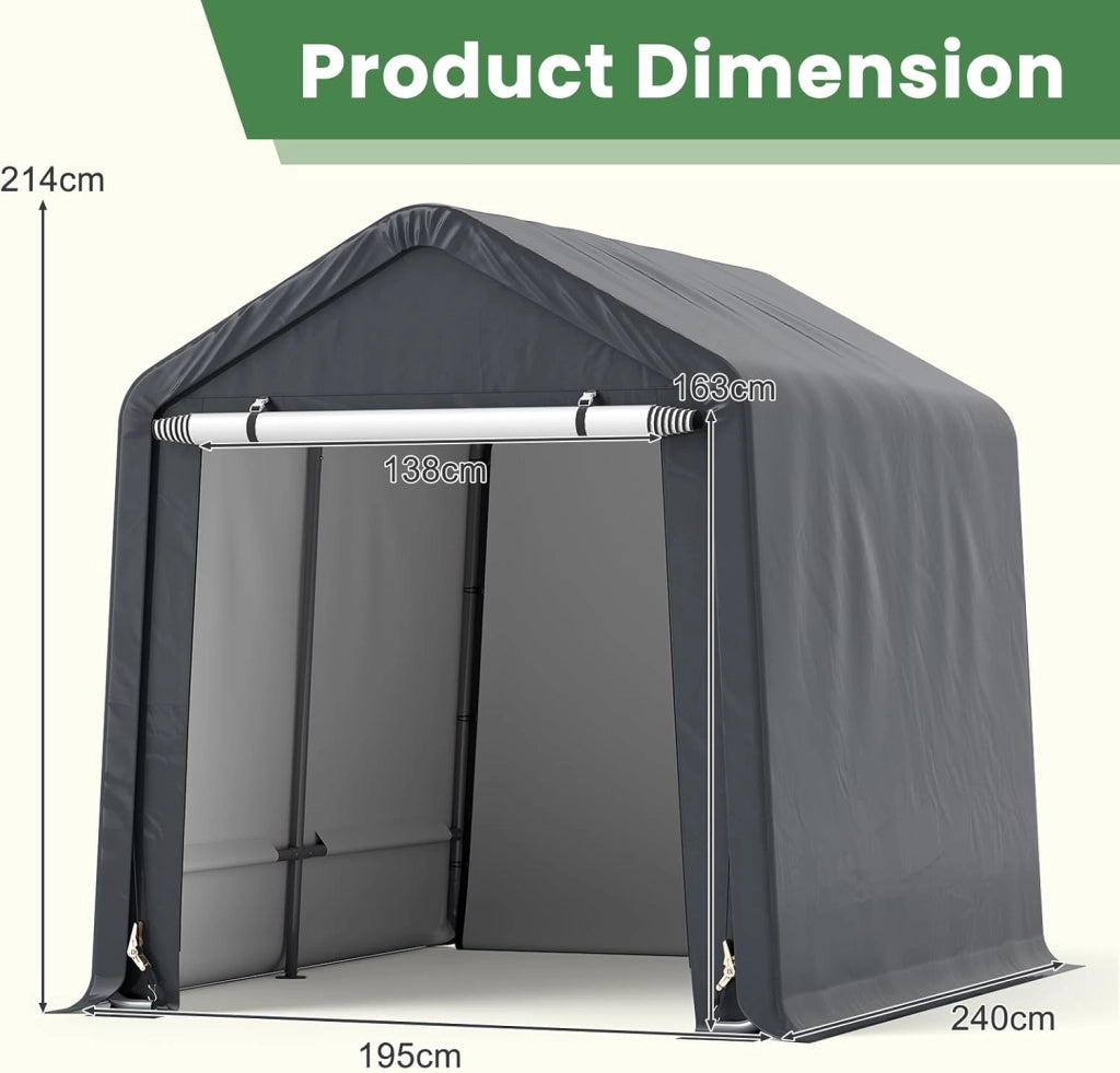 Capanno da Giardino 195 X 240 X 214 CM, Tenda Garage per Bici Moto Attrezzi, con Copertura en PE Impermeabile, Porta con Cerniera, Telaio in Metallo, Picchetti, per Esterno, Grigio