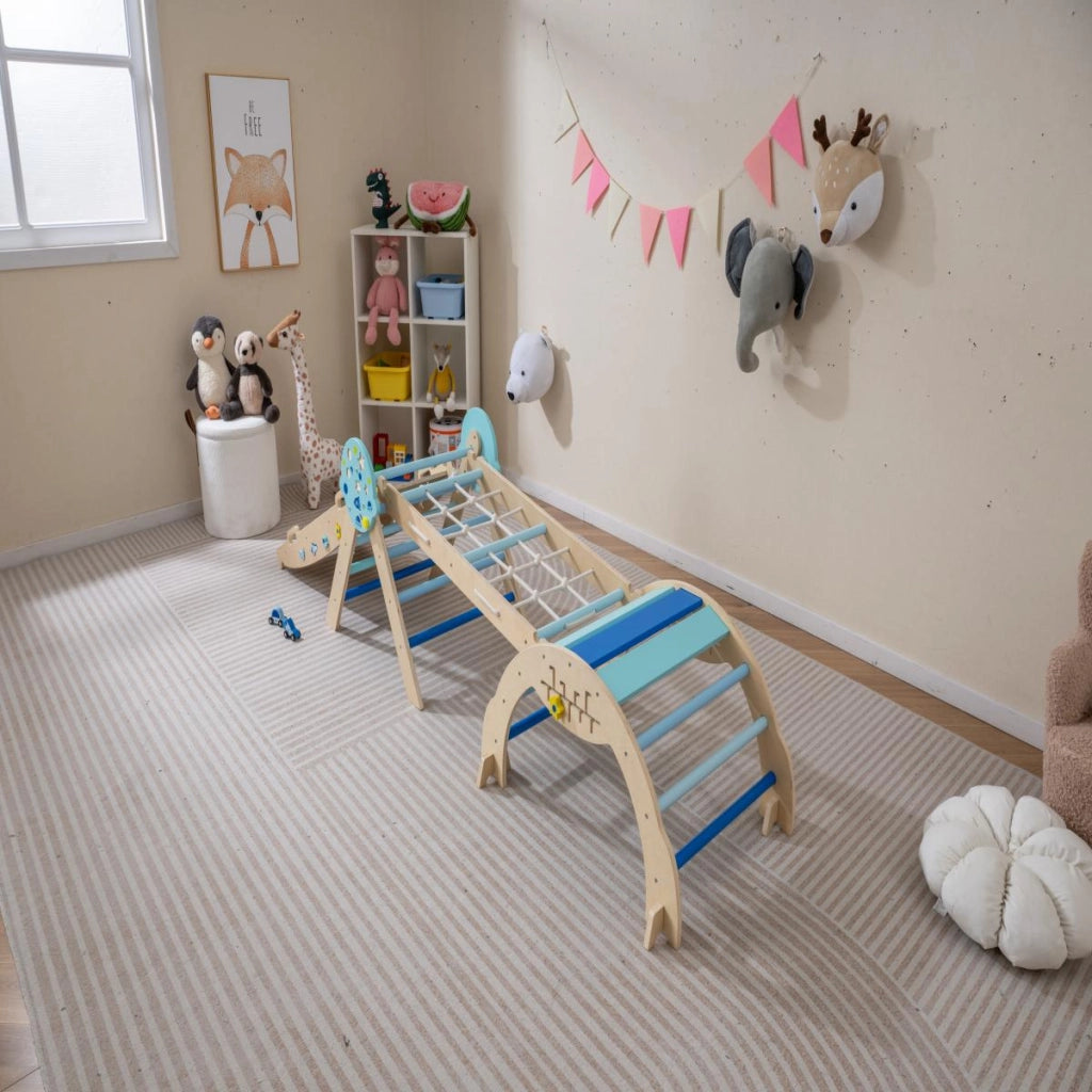 Set triangolo giocattoli pieghevoli per bambini che scalano, Triangolo palestra interno con scivolo ad arco Blu-Arrampicate e scivoli