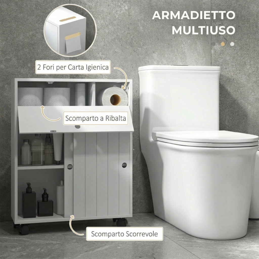 Mobile Bagno Stretto con Ante Scorrevoli, Ripiani Regolabili e Ruote ¨C Zephmum ¨C Bianco