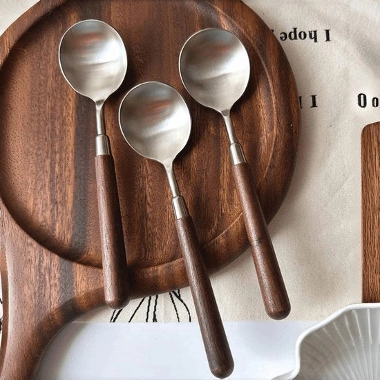 Set di posate da tavola in legno con manico di legno, cucchiai da servire in acciaio inossidabile, cucchiaio da dessert in legno, posate d'argento con manico di legno marrone, 3 pezzi.
