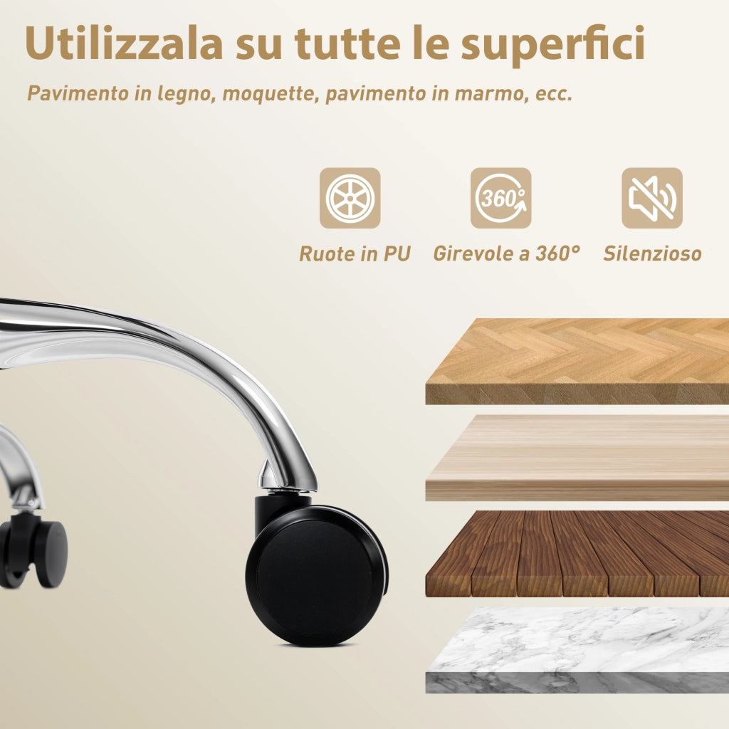 Sedia da Ufficio con Schienale Imbottito e Poggiapiedi ¨C Zephmum ¨C Pelle PU, Metallo, Bianco Crema, 76x73x117-125 cm