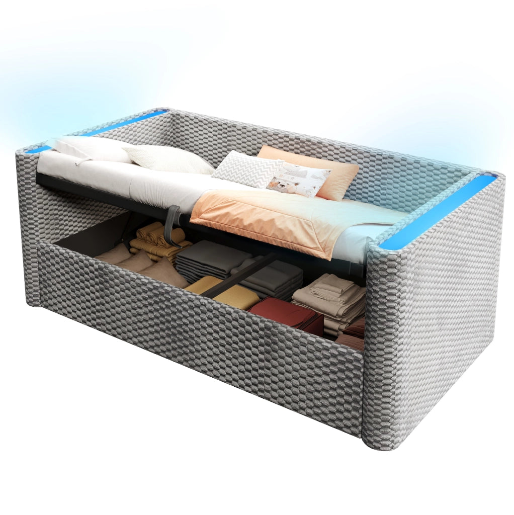 Divano letto daybed 90x200 cm in velluto grigio con illuminazione LED e contenitore idraulico