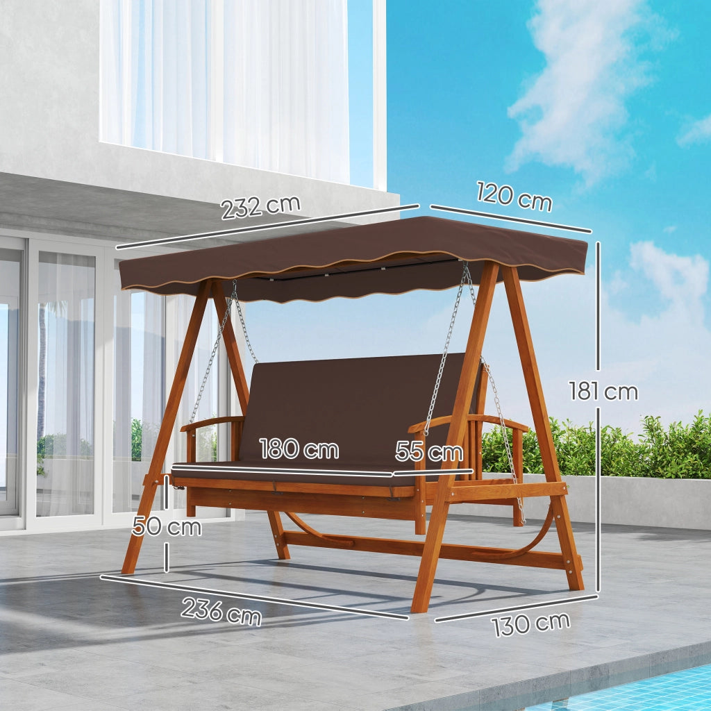 Altalena da giardino a 3 posti in legno massiccio confortevole velo solare color marrone