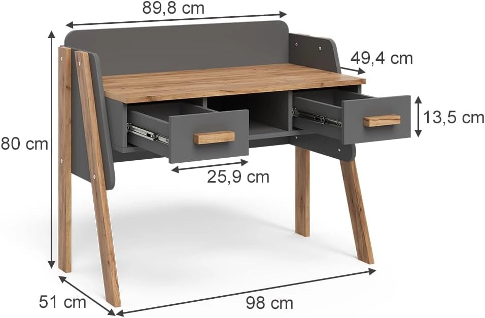 Scrivania Malia, Grigio/Artisan, 97 x 51 cm con 2 cassetti, regolabile in altezza per una configurazione flessibile della postazione di lavoro