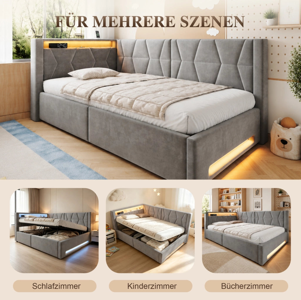 Letto imbottito 90x200 cm con contenitore, LED, USB e Type-C