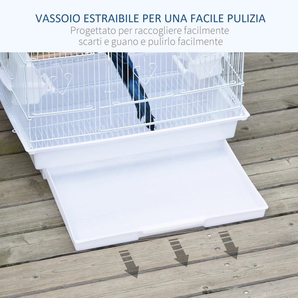 EasyComfort Gabbia per Uccelli Portatile con Maniglia, Vassoio Estraibile e Porte, Voliera per Pappagallini con Posatoi in Legno, Altalena e Ciotole per Cibo, 46.5x35.5x92cm, Bianco