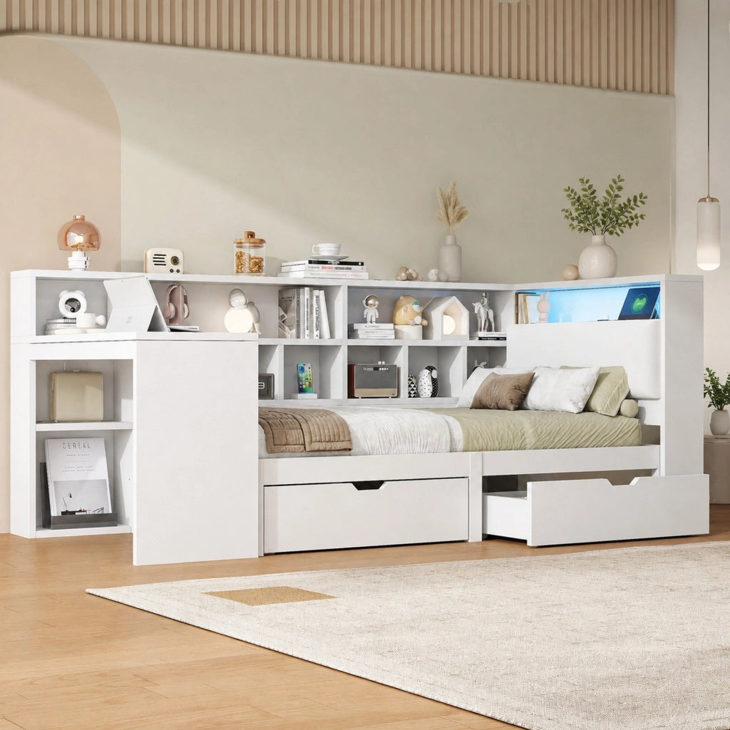 Letto singolo 90x200 con scrivania, libreria, LED e USB