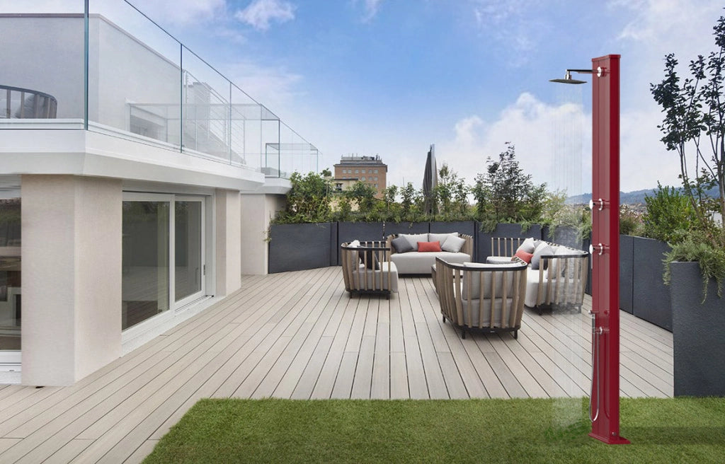 Doccia Solare da Esterno Giardino 40L Miscelatore e Doccetta Mobile Arkema Dada S Fascia Inox Bianco