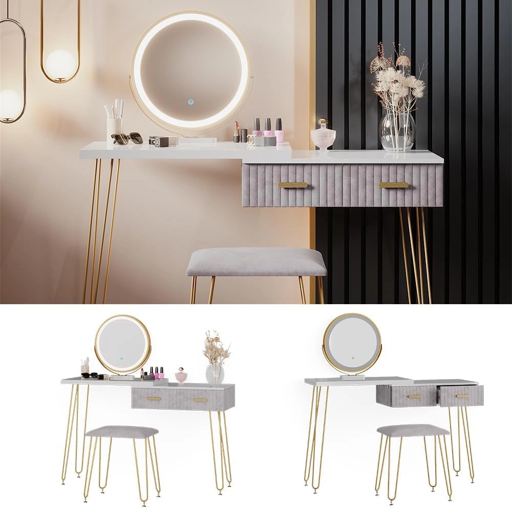 Tavolo da toeletta Zoey, Grigio, 120 cm con illuminazione LED e sgabello, con illuminazione LED e sgabello imbottito