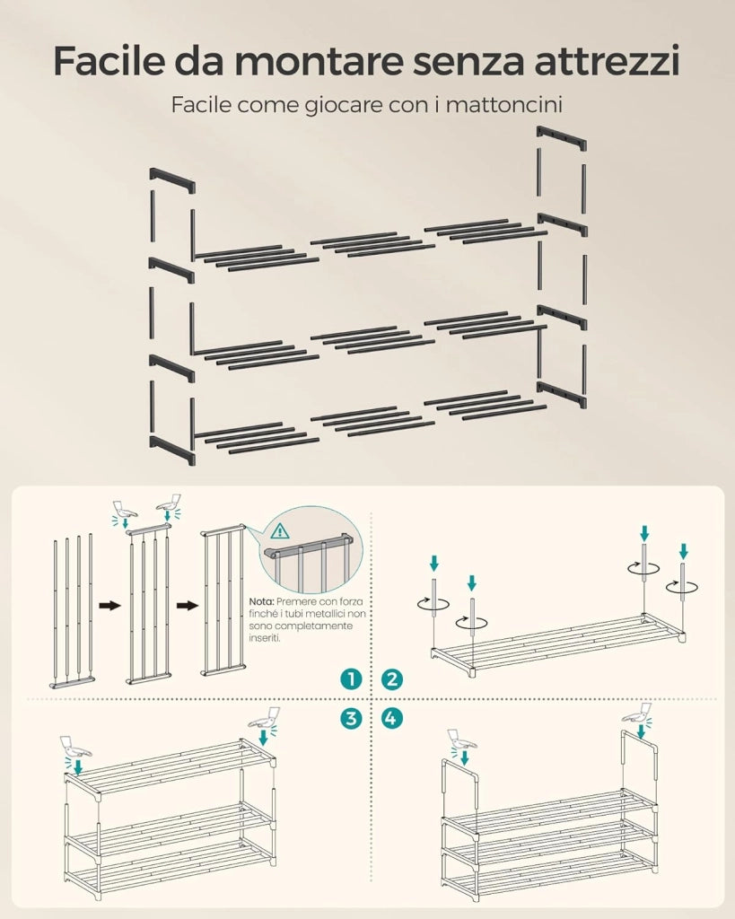 Scarpiera a 3 Ripiani, Scaffale Portascarpe in Metallo, per 20-24 Paia di Scarpe, Verticale o Capovolto, Impilabile, Ingresso, 30 x 117 x 55 cm, Nero LSA033B01