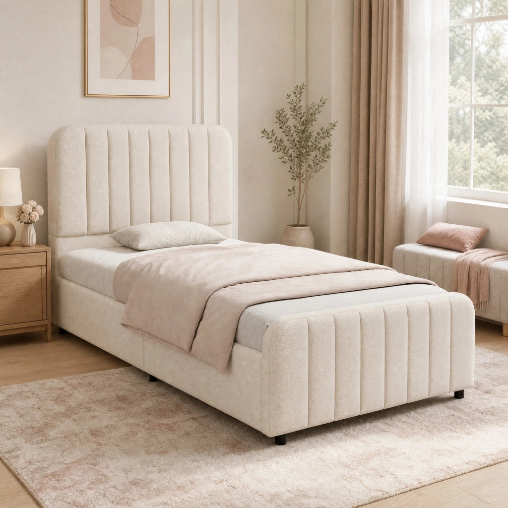 LETTO singolo 90x200 cm con contenitore idraulico, beige, lino, senza materasso