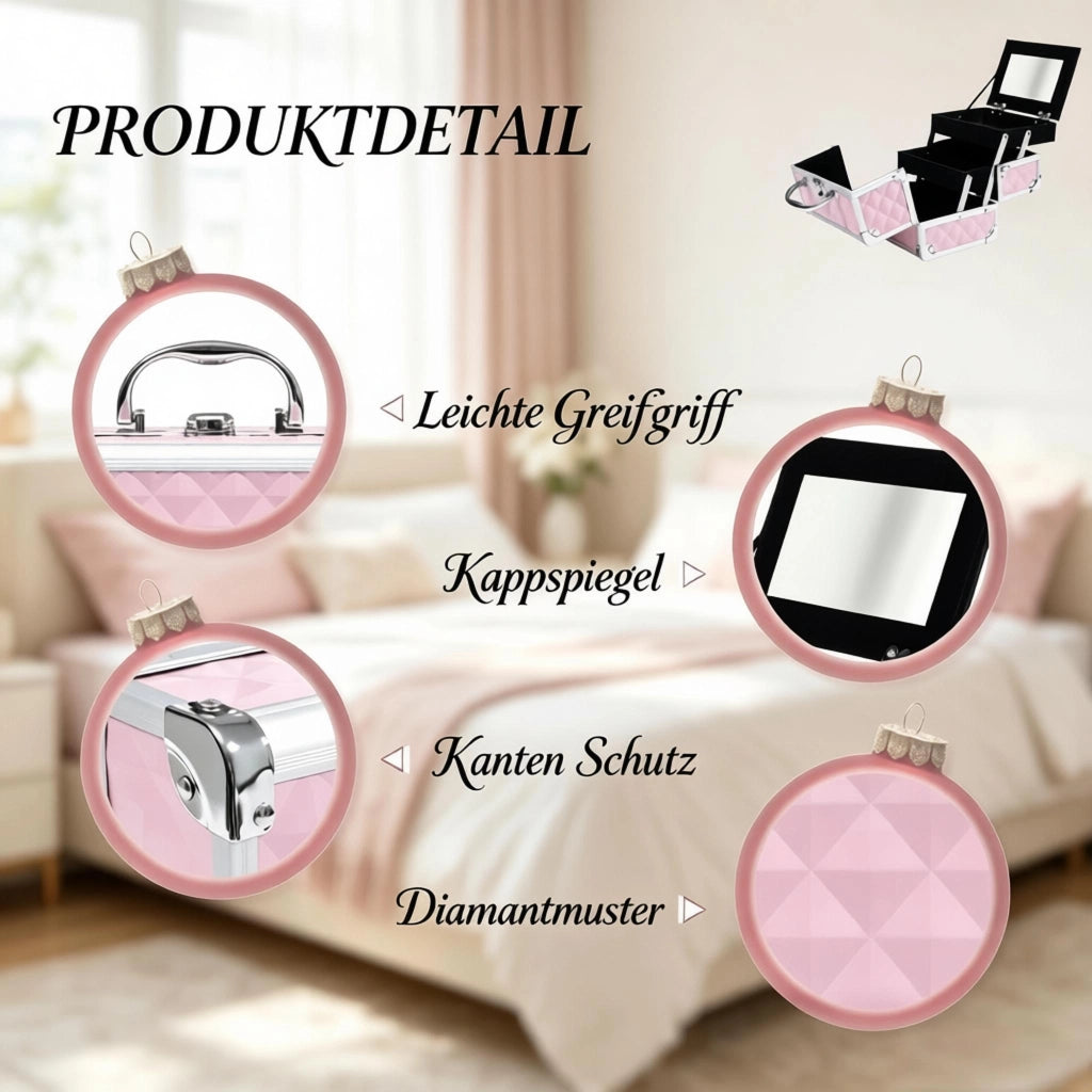 Beauty case trucco con 3 livelli; specchio e lucchetto - per viaggio - 20x15x15 cm - rosa