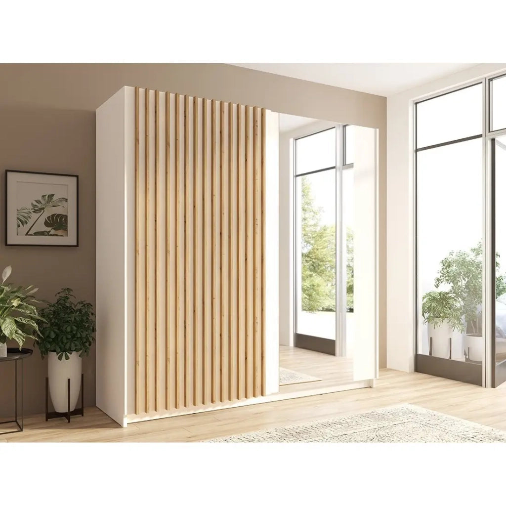 Armadio con 2 porte scorrevoli con specchio 200 cm - bianco e rovere - Collezione STRANO
