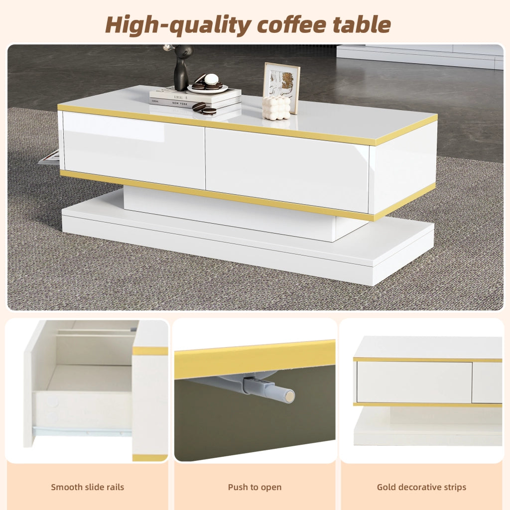 Tavolino da caffè con 2 cassetti - per soggiorno - in truciolato - 100x50x38 cm - bianco caldo e oro