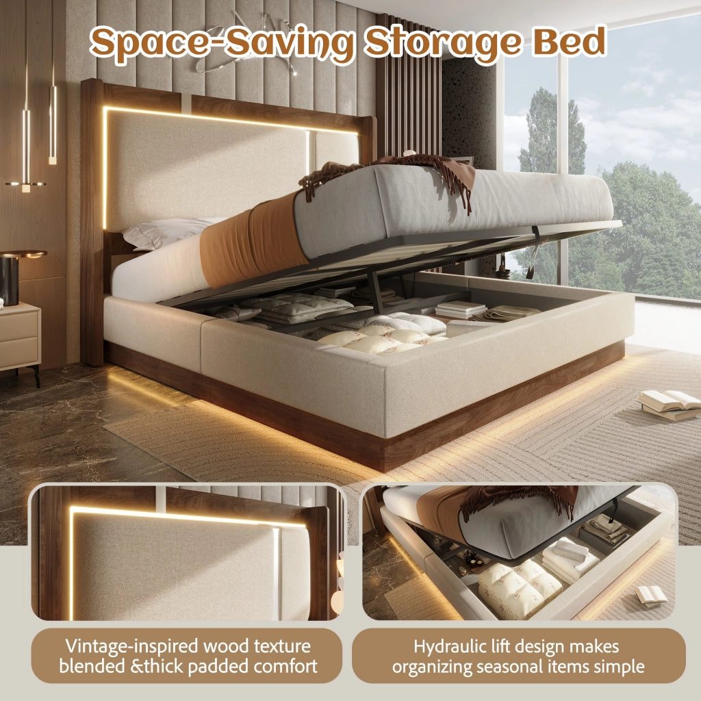 Letto contenitore 140 × 200 cm con LED; testiera imbottita e rete a doghe in legno e metallo beige e noce