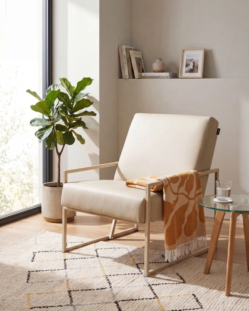 Poltrona in ecopelle PU beige con schienale e braccioli struttura in ferro beige stile moderno e glamour per il soggiorno