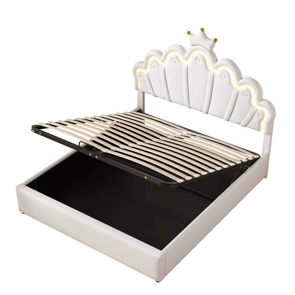 Letto matrimoniale 140×200 cm con LED; contenitore idraulico e testiera imbottita; senza materasso; bianco