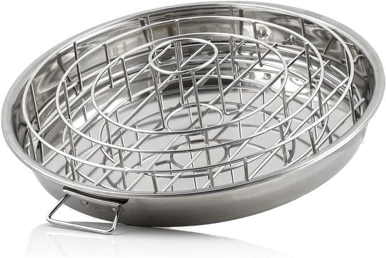Supporto per ossobuco e pollo 3 in 1 in acciaio inossidabile con contenitore di raccolta, griglia per pollo con aromabulle, supporto per ossobuco per spareribs, supporto per pollo con contenitore di raccolta di grasso