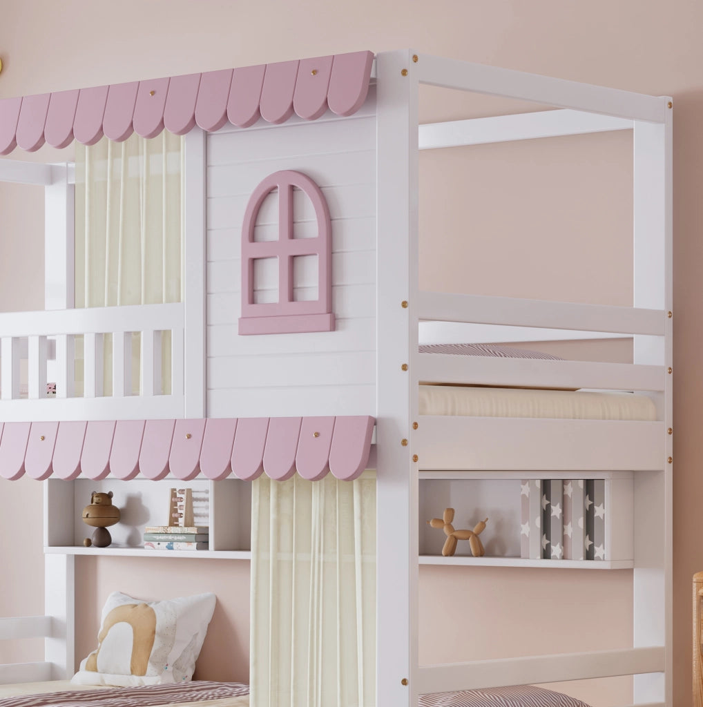 Letto a castello 90x200 cm bianco e rosa con tende, cassetti e ripiani