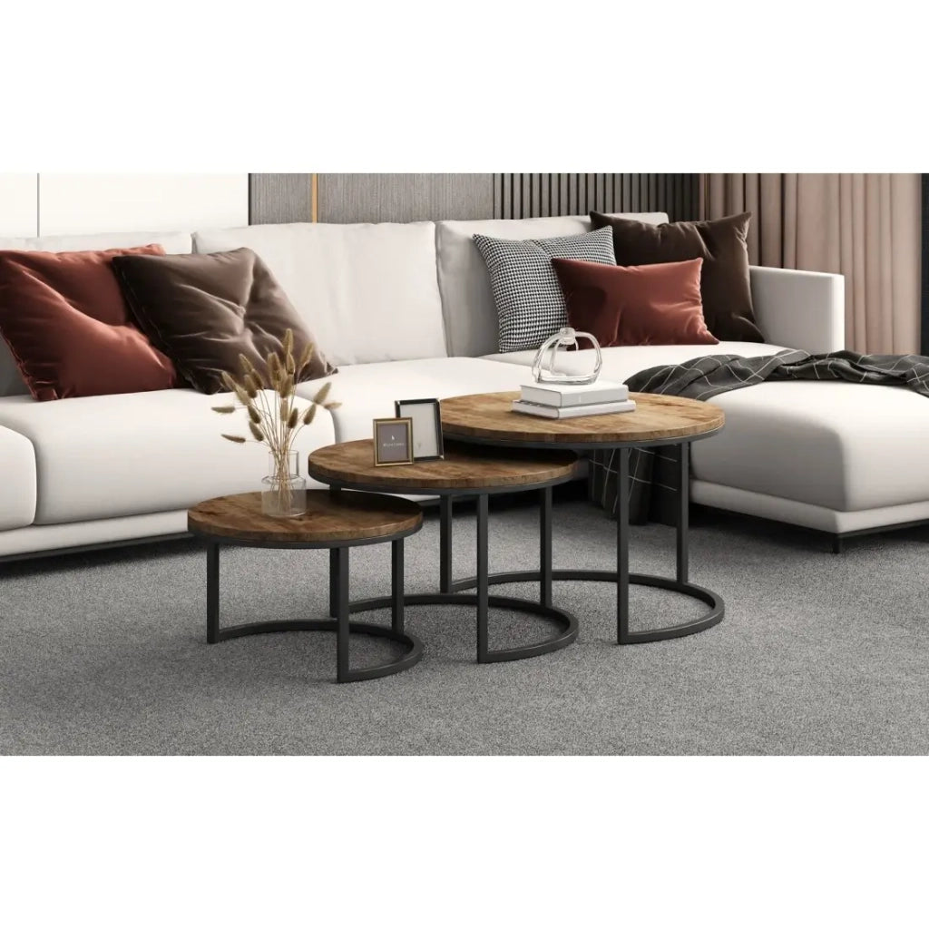 Table bassa ARNOLD – Set di 3 tavolini nidificati rotondi – Marrone legno e metallo – Stile contemporaneo