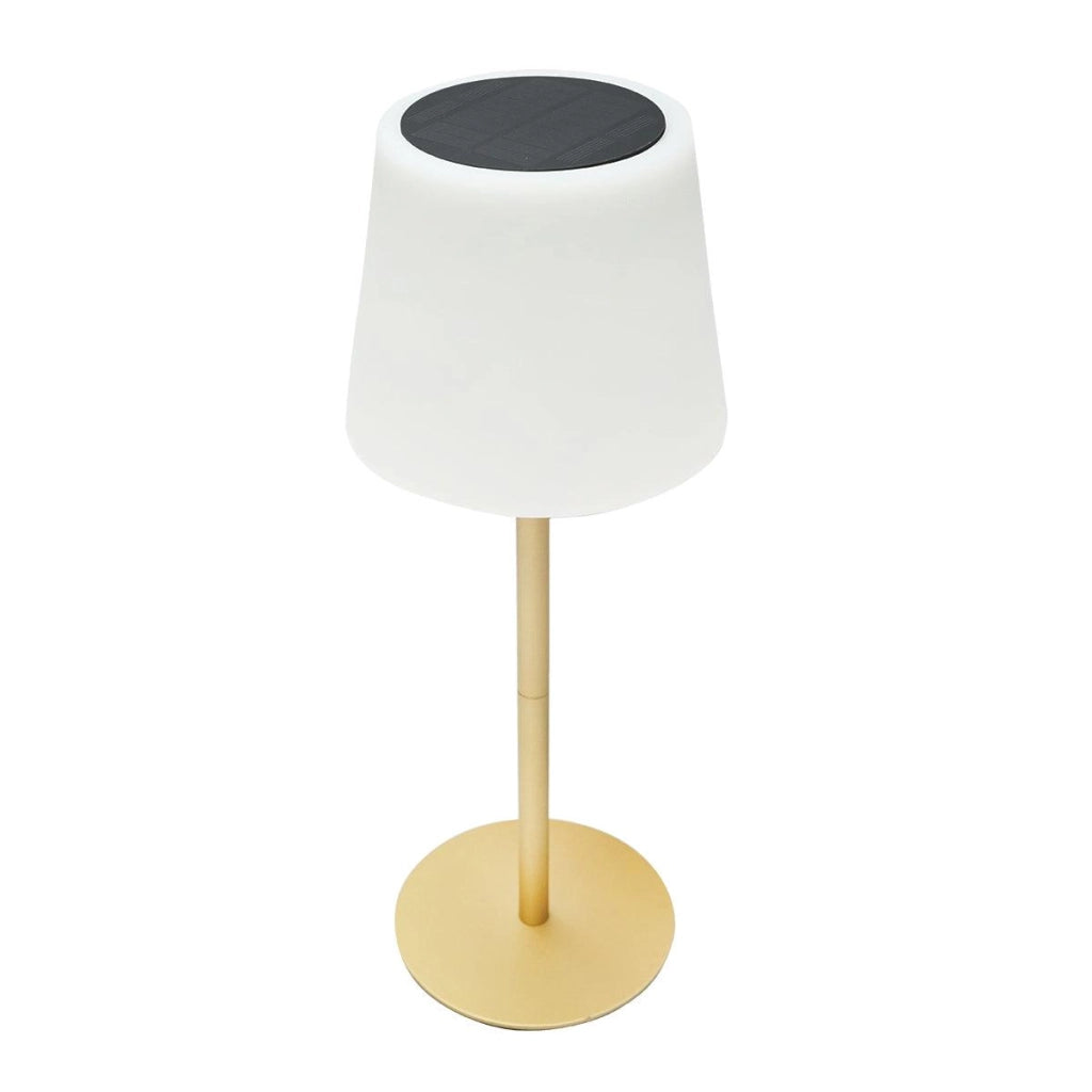 Lampada solare LED ricaricabile 2W con pannello solare 0,7W, batteria 3,7V 1200mAh, USB 5V 1A, IP65, per esterni, 3000K, colore oro
