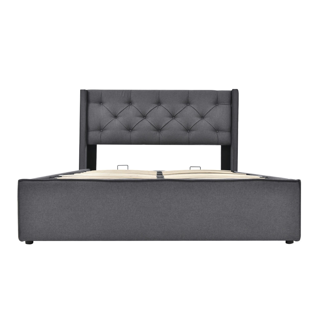 Letto matrimoniale imbottito 160x200 cm con contenitore e rete sollevabile; grigio