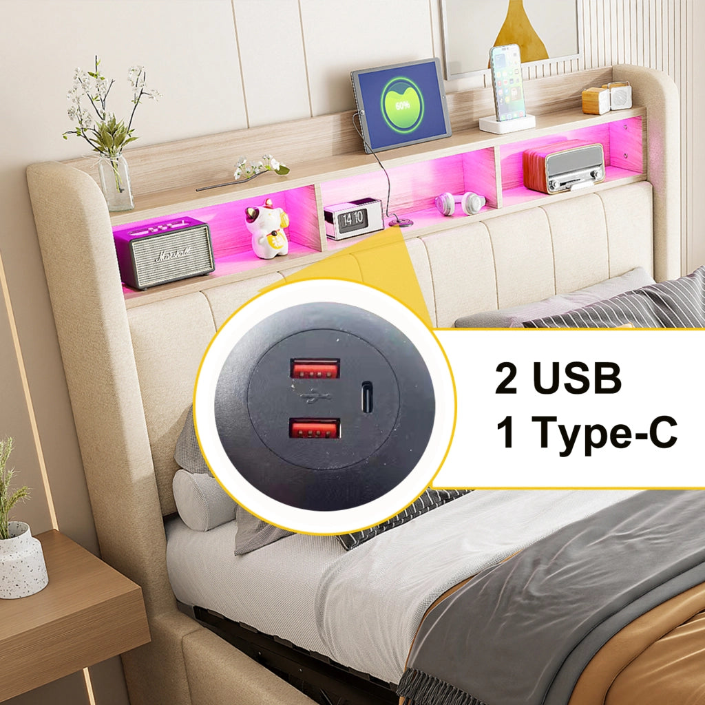 OKWISH Letto Contenitore 180×200 cm, Letto Matrimoniale con LED Regolabile, USB, Tipo C e Mensole, senza Materasso, in Tessuto Beige