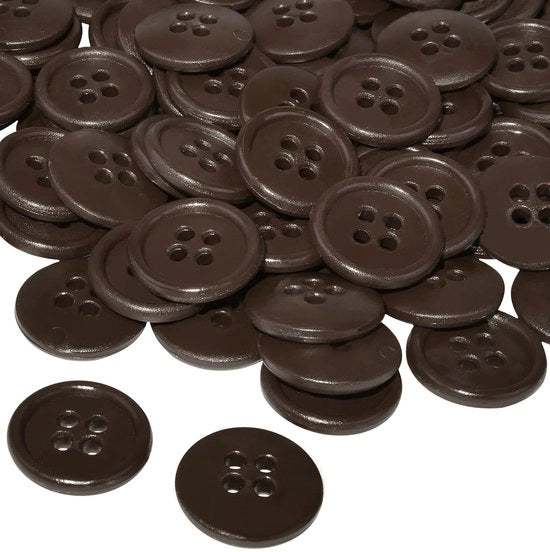 Set di 100 viti a rilievo, rotonde, Ø15x3 mm, con 4 fori - colore nocciola scuro 24L L24 - plastica - apertura 2 mm