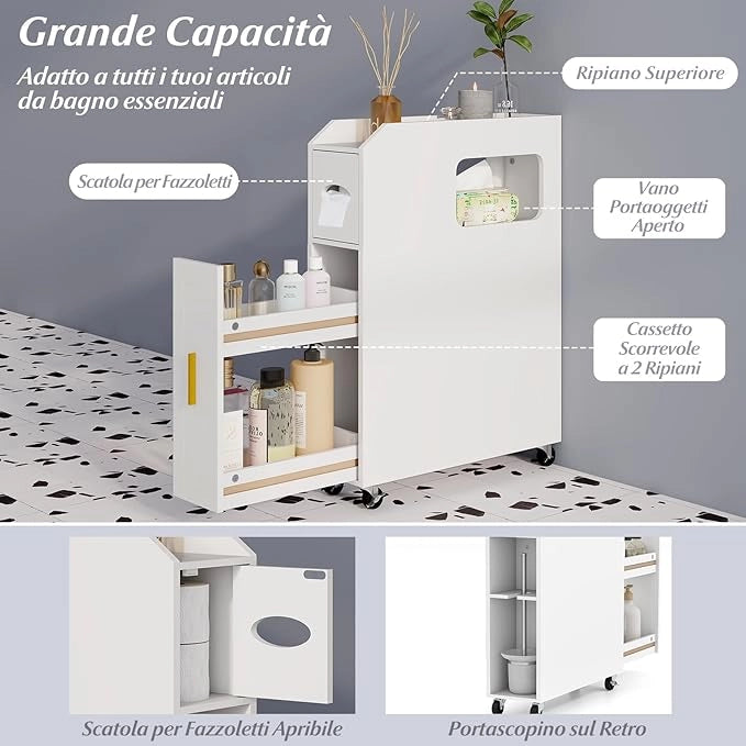 Credenza da Bagno Piccolo, Mobile Salvaspazio Stretto e Slim con Cassetto Scorrevole, Porta Fazzoletti, Portascopino e Ruote Bloccabile, Armadietto per Spazi Ridotti (Bianco)