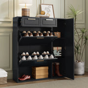 Mobile portascarpe nero con ripiani regolabili, cassetti e vani aperti, struttura in truciolare e MDF, 95x24x107 cm
