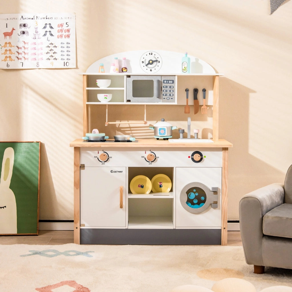 Cucina giocattolo per bambini con forno a microonde e lavatrice in legno, Set da cucina per giochi di finzione-Cucine giocattoli