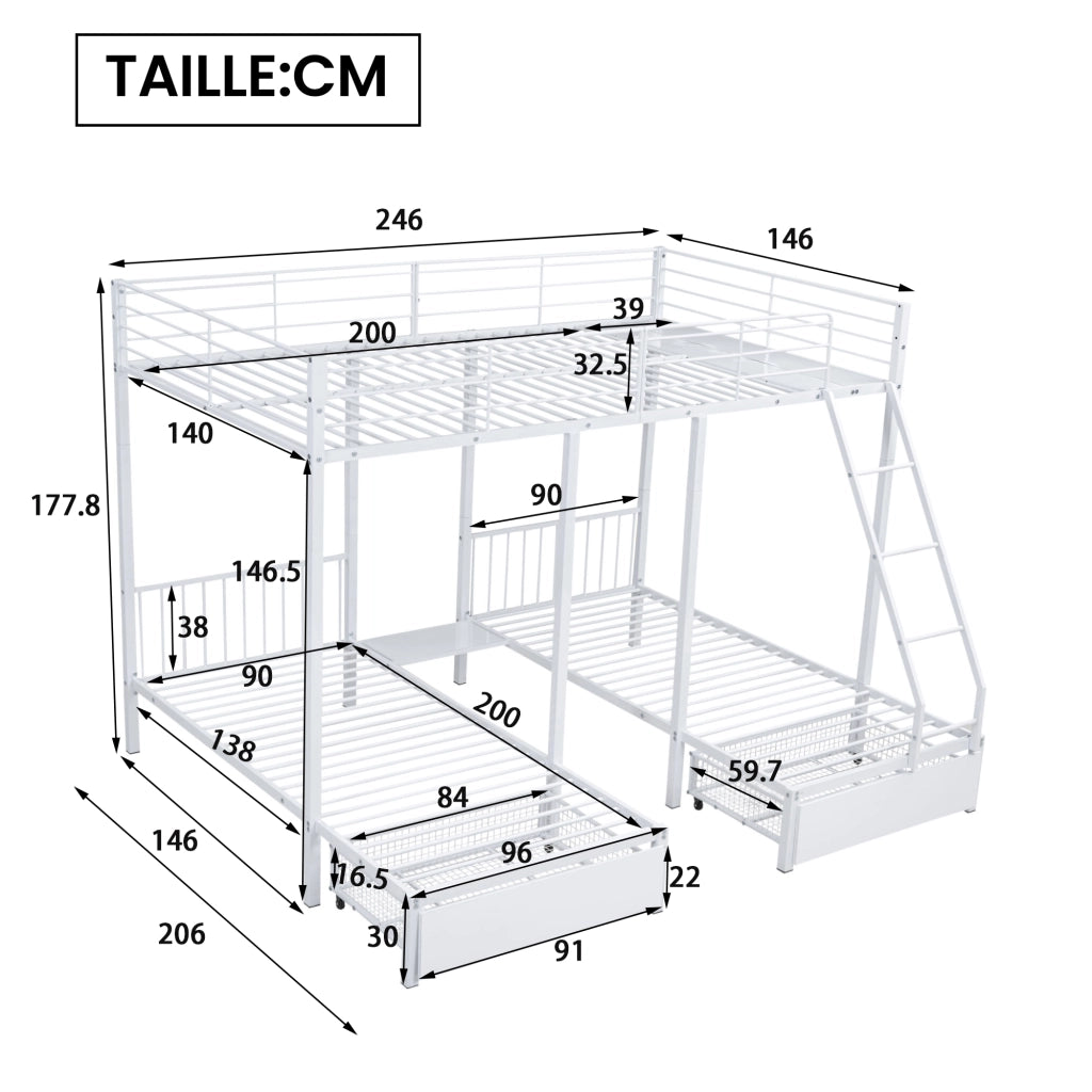 OKWISH Letto a Castello 140×200 cm e 90×200 cm, Letto 3 Posti con 2 Cassetti, Convertibile e Sponde, senza Materasso, Bianco