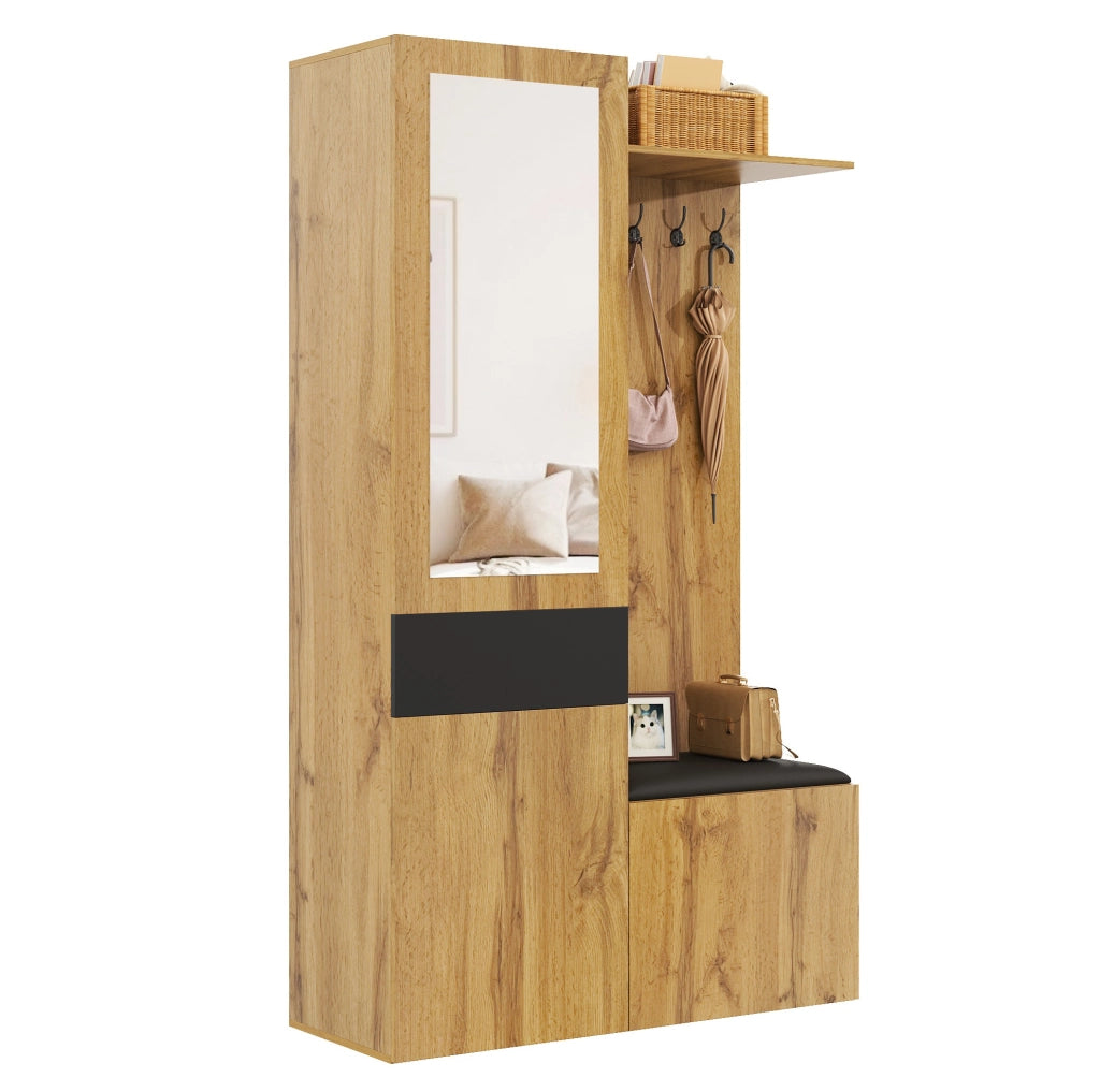 Mobile ingresso con specchio; 5 ganci; panca e scarpiera 98;5x38x191 cm; MDF nero e naturale