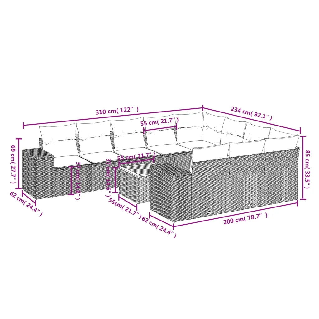 Set Divani da Giardino 11 pz con Cuscini Beige in Polyrattan 3225624