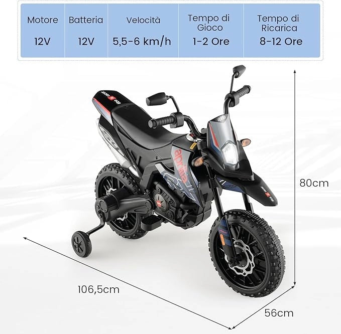 12V Aprilia Moto Cavalcabile per Bambini, Motocicletta Elettrica con Ruote Ausiliarie e Musica Wireless, Sospensione a Molla, Moto Elettrica alla Moda per Bambini 3-8 Anni (Blu)