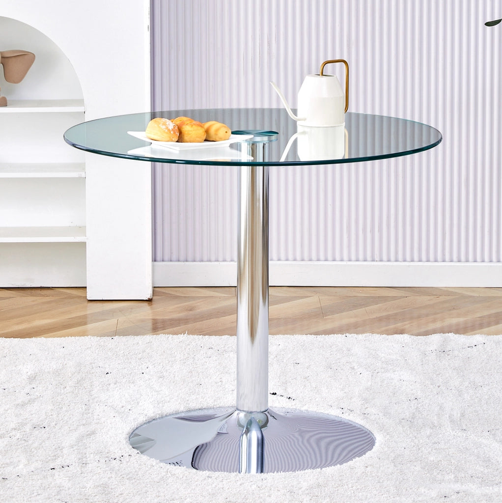 Tavolo Bar Rotondo in Vetro Trasparente 85 cm con Base in Metallo Argento 76 cm Altezza