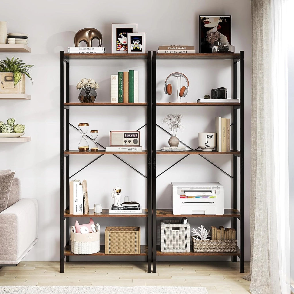 Libreria a 5 Ripiani, Scaffale di Stoccaggio con Struttura in Metallo e Doppio Sistema Anti-Ribaltamento, Scaffale Autoportante per Ufficio Soggiorno Camera da Letto, 66x34x161 cm